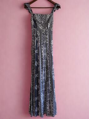Flynn Skye Bardot Maxi Dress | Women’s XS | Blue White Paisley Boho Print